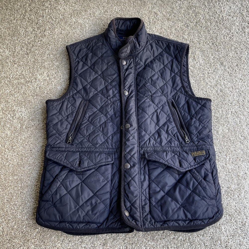 Polo Ralph Lauren Vest Mens Large Blue Quilted Microfiber Lined Snap Zip Pockets